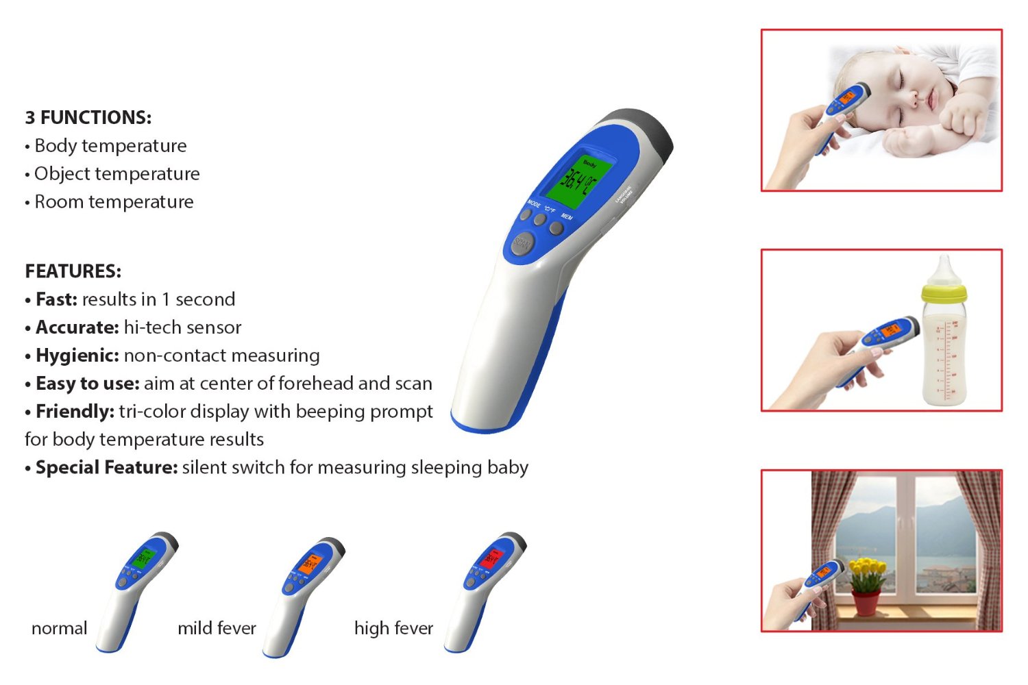 Contactless Digital Forehead Thermometer, Fast 1 Second Readings for Body  or Object Temperature, Backlit Display, Fever Alarm Beep and Color, Memory